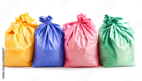 Colorful trash bags in various hues on a white background