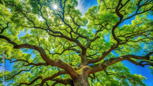 Majestic Oak Tree Branch with Lush Green Leaves Against a Clear Blue Sky in Natural Environment