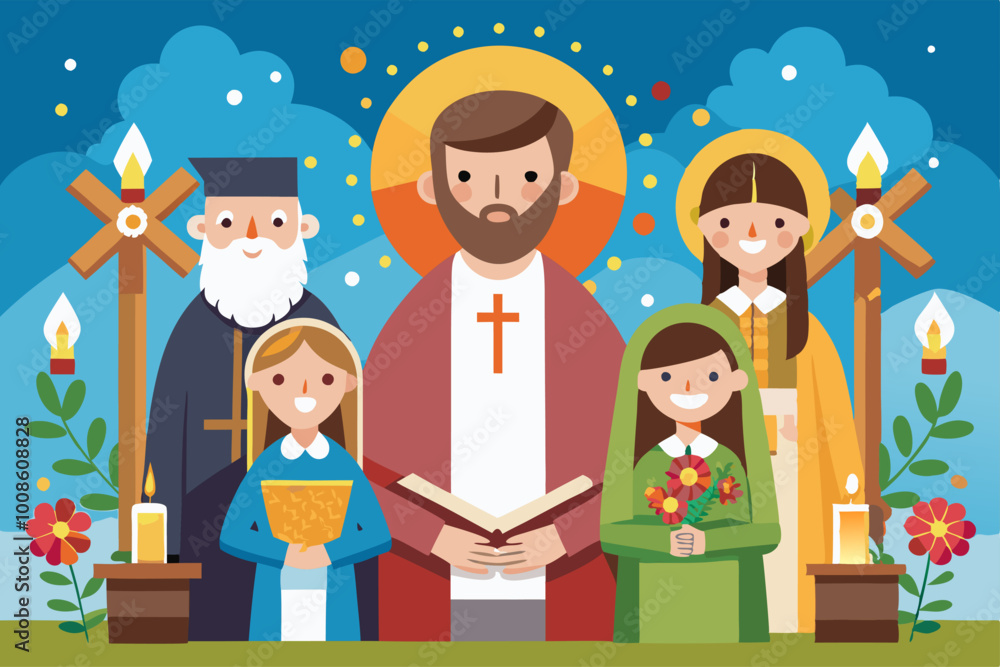 All saints day celebration with diverse saints and iconic symbols in flat design All saints day celebration with diverse saints and iconic symbols in flat design