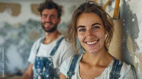 young beautiful couple Caucasian man and woman 20-29 years old doing renovations in the house together, smiling posing in front of the camera