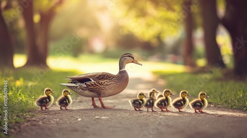 A family of ducks waddling through a park, the mother leading her ducklings in a charming display of nature's nurturing.