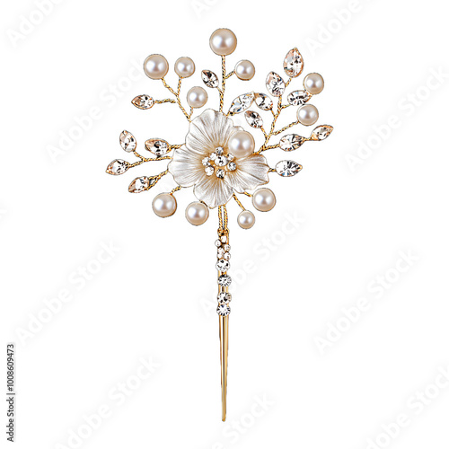 Beautiful pearl and crystal hairpin with floral pattern for New Year, isolated on transparent background.
