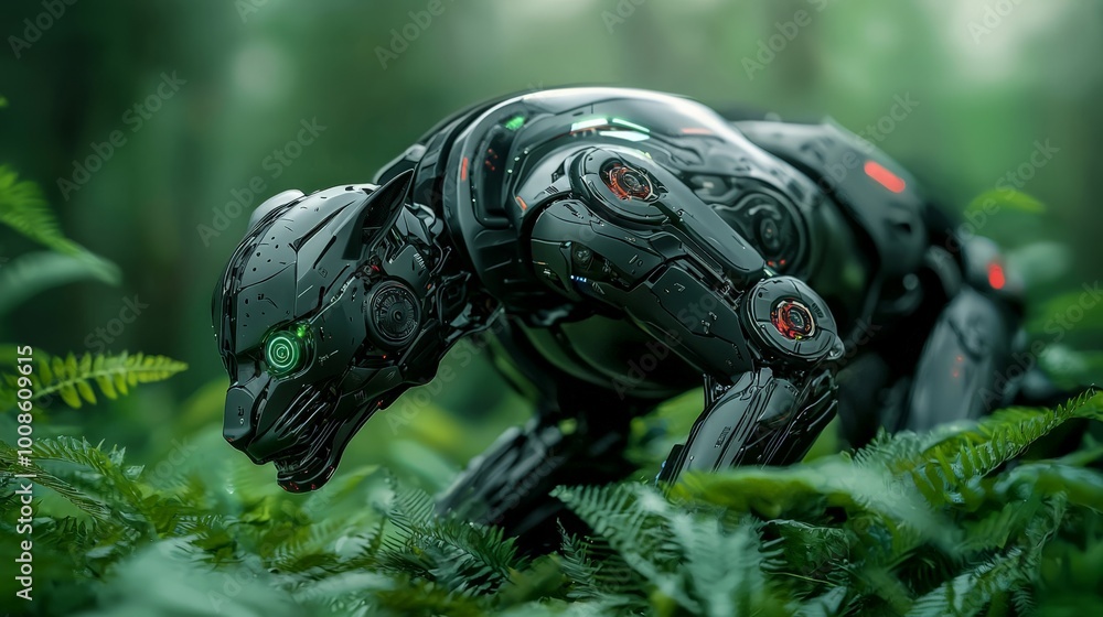 An AI robotic panther prowling the jungle, its sleek mechanical body camouflaging with the dense greenery, using advanced AI to hunt and survive An AI robotic panther prowling the jungle, its sleek mechanical body camouflaging with the dense greenery, using advanced AI to hunt and survive