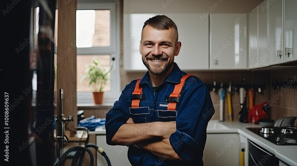portrait of a smiling Caucasian plumber in uniform in the kitchen or bathroom. against the backdrop of repaired and installed plumbing fixtures portrait of a smiling Caucasian plumber in uniform in the kitchen or bathroom. against the backdrop of repaired and installed plumbing fixtures