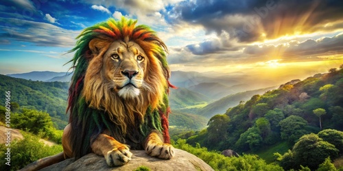 Majestic Rastafarian Lion with Vibrant Colors and Reggae-Inspired Elements in Nature Setting photo