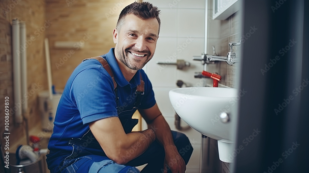 portrait of a smiling young caucasian plumber working in the bathroom looking at the camera portrait of a smiling young caucasian plumber working in the bathroom looking at the camera