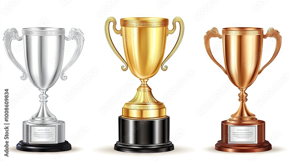 A shining gold trophy stands on a winner's podium, flanked by silver and bronze prizes, awaiting the champion's victory at an award ceremony. A shining gold trophy stands on a winner's podium, flanked by silver and bronze prizes, awaiting the champion's victory at an award ceremony.