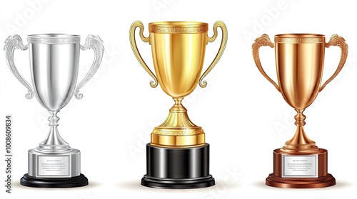 A shining gold trophy stands on a winner's podium, flanked by silver and bronze prizes, awaiting the champion's victory at an award ceremony.