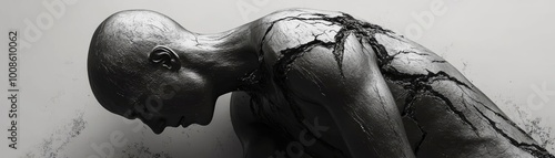 A striking human figure painted in cracked black, symbolizing vulnerability and resilience in a minimalist artistic setting.