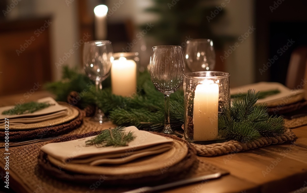 A warmly lit holiday dinner table adorned with pine and cedar sprigs for a cozy festive gathering A warmly lit holiday dinner table adorned with pine and cedar sprigs for a cozy festive gathering