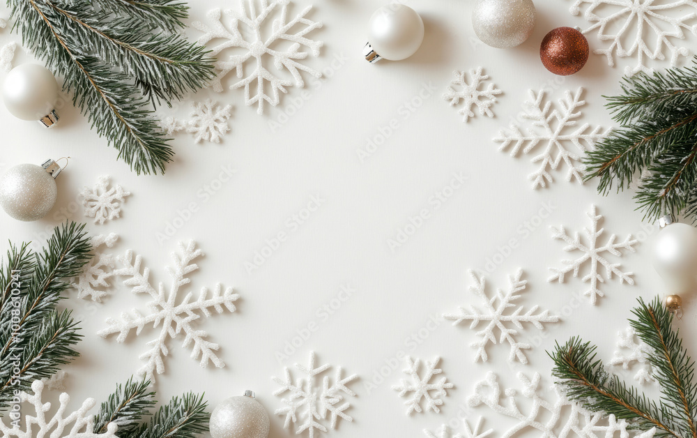 Elegant minimalist flat lay with white snowflakes, evergreen sprigs, and ornaments for a festive Christmas design backdrop Elegant minimalist flat lay with white snowflakes, evergreen sprigs, and ornaments for a festive Christmas design backdrop