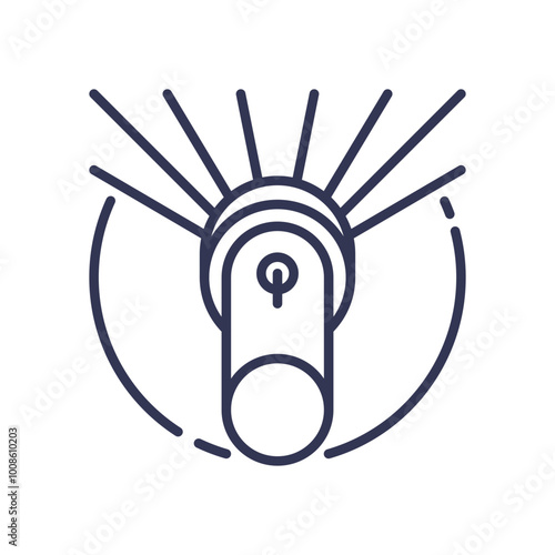 Minimalist icon of a flashlight emitting light, symbolizing emergency lighting.