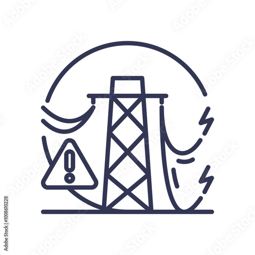 Power line tower with warning sign symbolizing infrastructure failure.