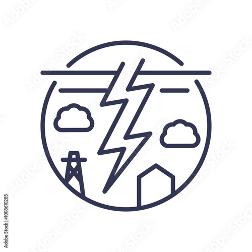 Lightning bolt over infrastructure symbolizes sudden disruption in energy or communication.