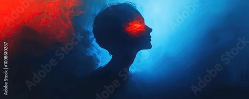 A surreal silhouette with glowing eyes surrounded by vibrant red and blue smoke, evoking a sense of mystery and intrigue. photo