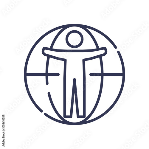 Icon of a person with arms outstretched inside a globe, symbolizing universal access and inclusivity.