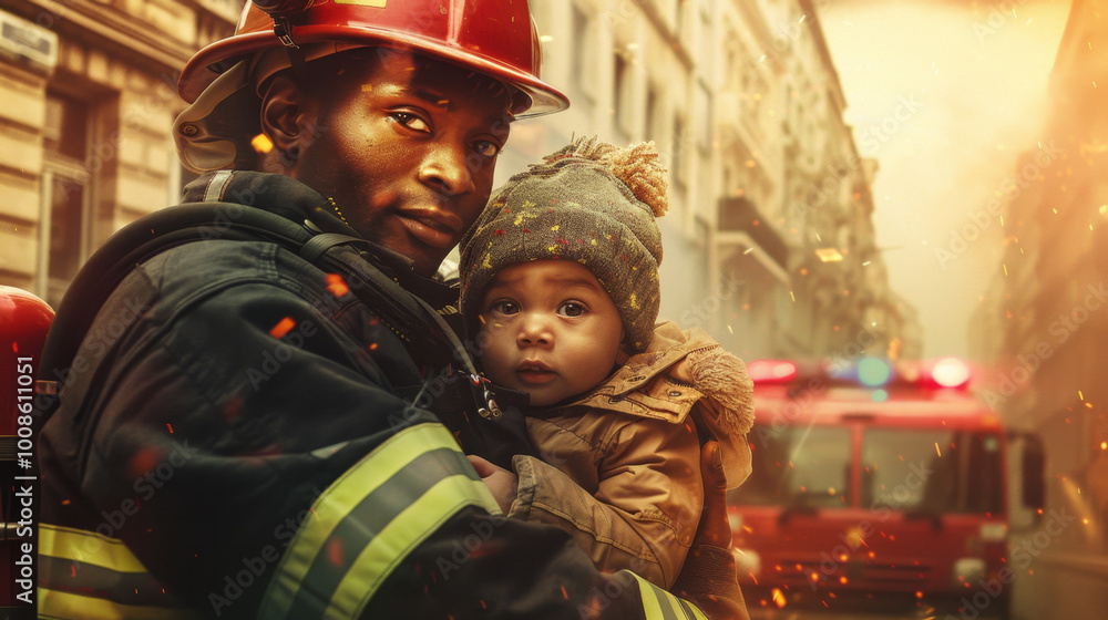 portrait of an African American firefighter in uniform and helmet holding a child in his arms against the backdrop of fire trucks and the urban landscape portrait of an African American firefighter in uniform and helmet holding a child in his arms against the backdrop of fire trucks and the urban landscape