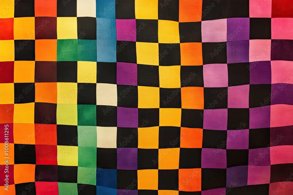 Fototapeta premium A checkered pattern with alternating rainbow squares and black, forming a unique contrast