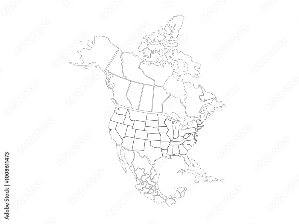 Fototapeta premium North America map outline isolated on white background. Map outline template. North America. Vector illustration.