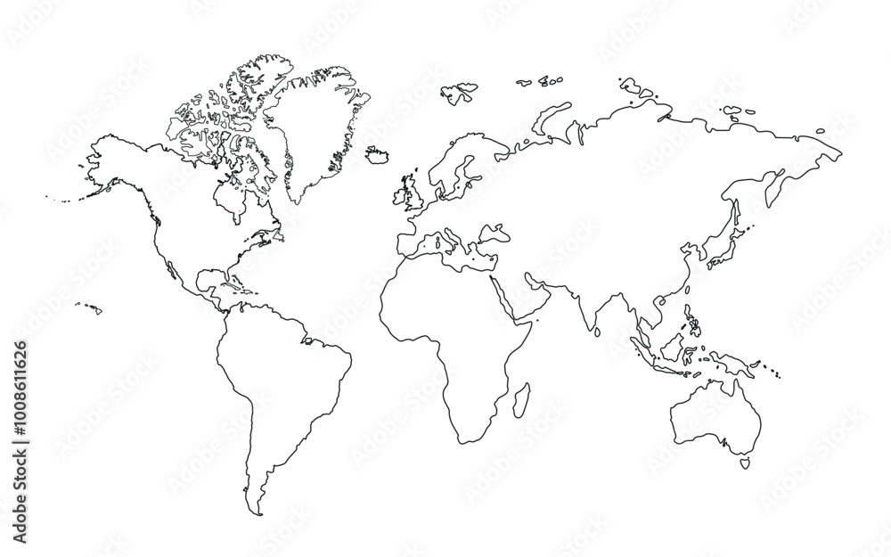 World Map in Minimal Thin Line Outline Shape. Contours Continents of the Globe Isolated on a White Background. Vector Illustration. World Map in Minimal Thin Line Outline Shape. Contours Continents of the Globe Isolated on a White Background. Vector Illustration.