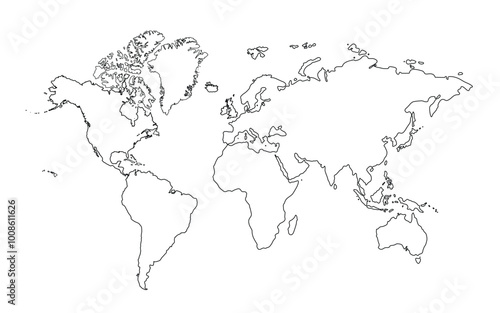 Wallpaper Mural World Map in Minimal Thin Line Outline Shape. Contours Continents of the Globe Isolated on a White Background. Vector Illustration. Torontodigital.ca