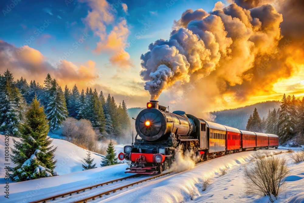 Majestic Steam Locomotive Traveling Through a Winter Wonderland of Snow-Covered Landscape Majestic Steam Locomotive Traveling Through a Winter Wonderland of Snow-Covered Landscape