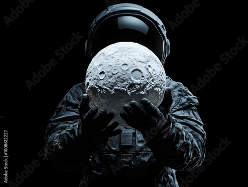  An astronaut holding the moon  black background