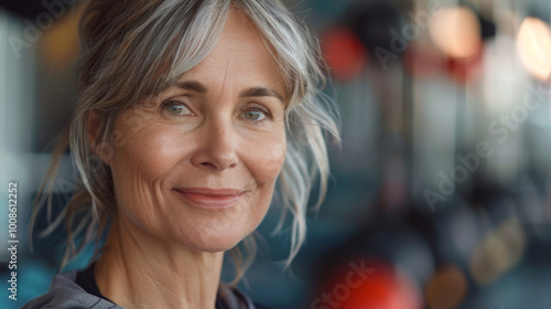 portrait of a beautiful middle-aged Caucasian woman in sportswear looking at the camera while in the gym. playing sports in adulthood