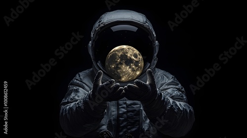  An astronaut holding the moon  black background