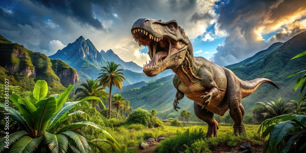 Obraz premium Majestic T-Rex Roaring in a Lush Prehistoric Landscape, Capturing the Power of Dinosaurs