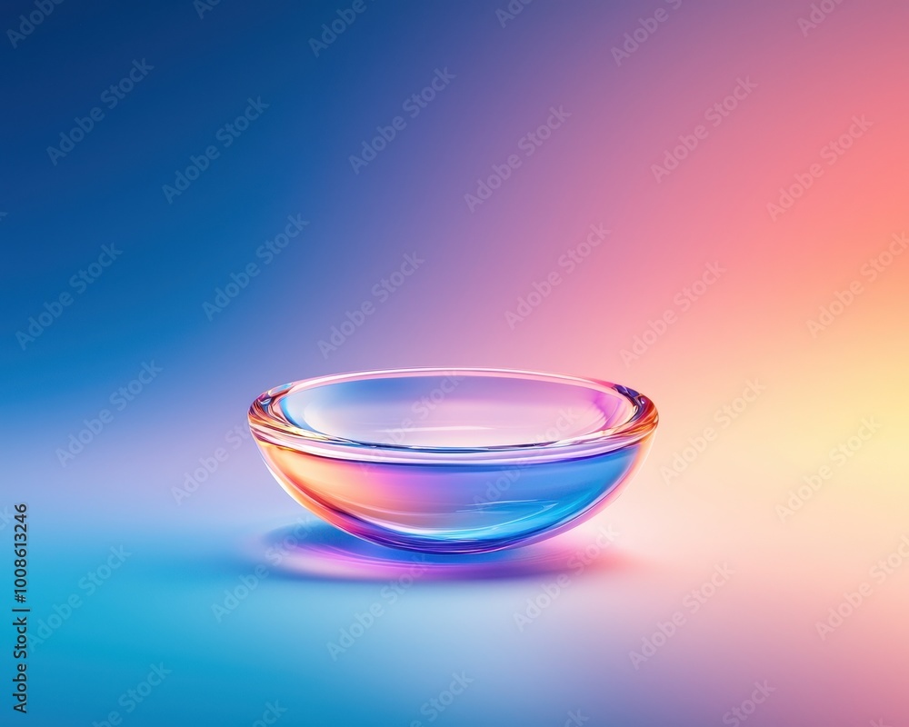A shallow glass bowl reflecting vibrant blue and orange hues against a smooth gradient background. A shallow glass bowl reflecting vibrant blue and orange hues against a smooth gradient background.