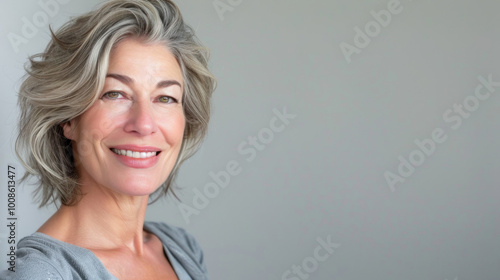 portrait of a beautiful Caucasian mature woman 55 years old looking at the camera, studio shooting white background.copyspace