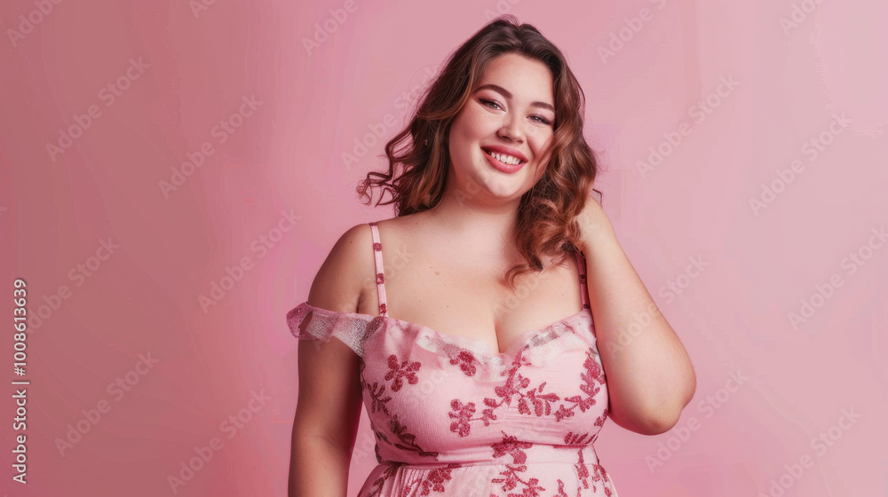 portrait of a beautiful Caucasian plump woman 25-29 years old smiling at the camera, studio shooting on a pink background portrait of a beautiful Caucasian plump woman 25-29 years old smiling at the camera, studio shooting on a pink background