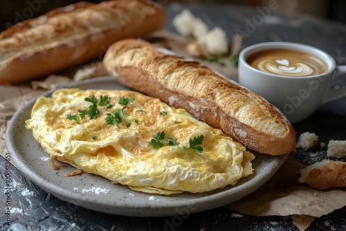 Savory omelet with fresh herbs served alongside bread and coffee