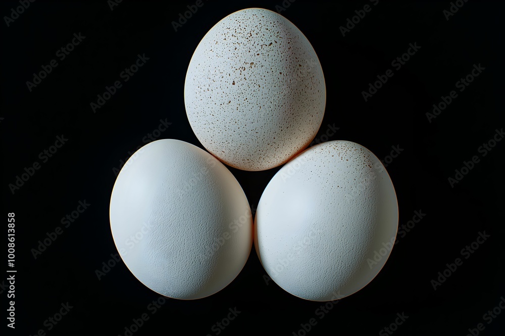 Three white eggs in a triangle on a black background