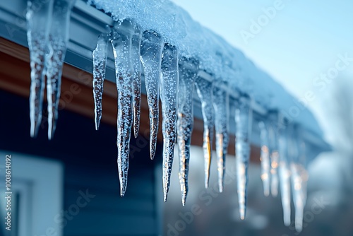 Long icicles dangle from the roof, illuminated by soft morning light photo