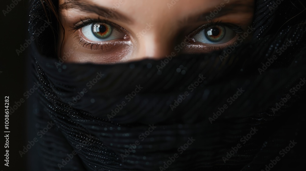 Close-Up of Woman's Eyes Wrapped in Black Scarf Close-Up of Woman's Eyes Wrapped in Black Scarf