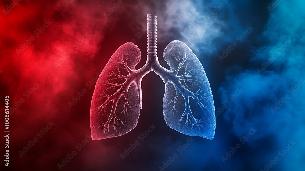Human lungs. Cancer and respiratory diseases of the pulmonary system. The science of pulmonology in the treatment of tuberculosis, asthma and bronchitis. 3D organ with a red and blue background. Human lungs. Cancer and respiratory diseases of the pulmonary system. The science of pulmonology in the treatment of tuberculosis, asthma and bronchitis. 3D organ with a red and blue background.