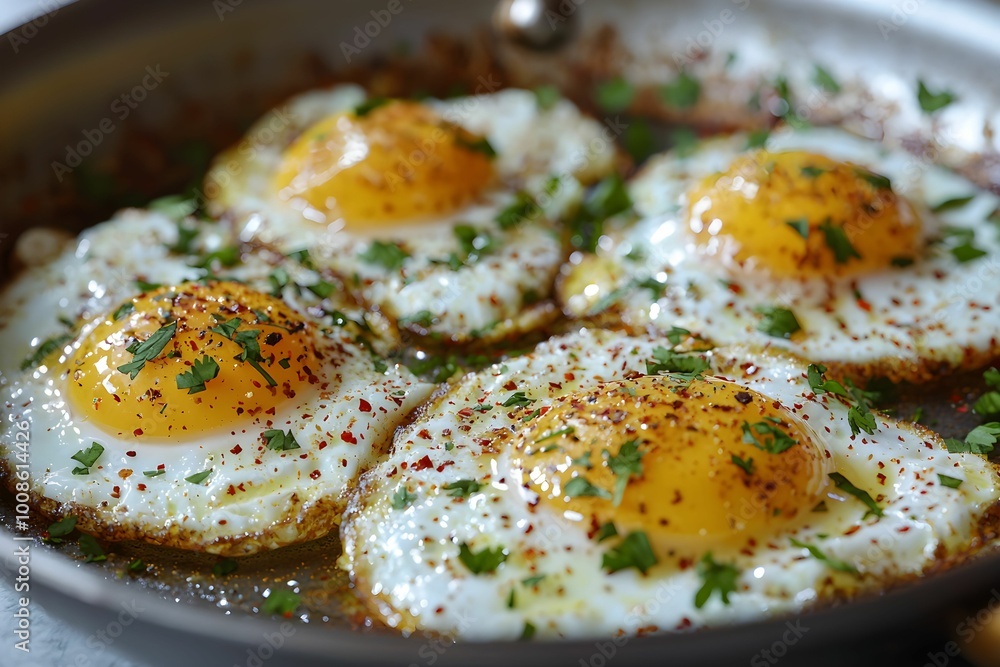 Fried eggs seasoned with herbs and spices in a skillet Fried eggs seasoned with herbs and spices in a skillet