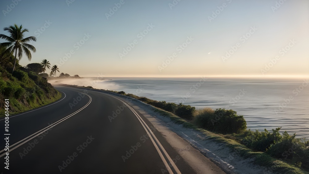 Naklejka premium a winding road along the sea covered with smooth asphalt