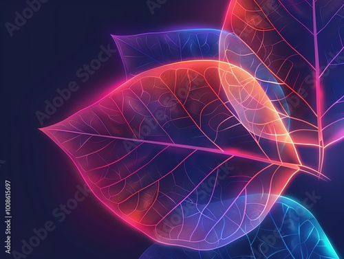 Leaf structure, neon veins and glow, flat design illustration photo