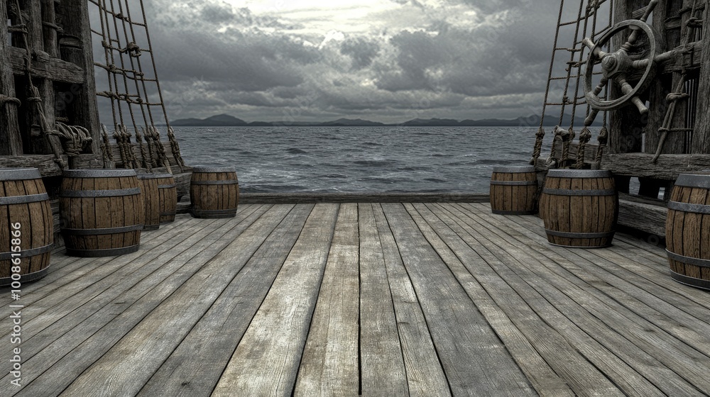 Fototapeta premium A wooden pirate ship deck with barrels and crates scattered around, with the ship's wheel in the foreground and the open sea stretching to the horizon.