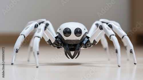 An AI robotic spider pet moving across the floor with intricate leg movements, controlled through a mobile app, offering a playful and unique pet experience photo