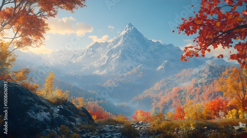  Towering mountain peak, autumn scenery with vibrant fall colors, clear sky with no clouds, crisp atmosphere, golden and red leaves.