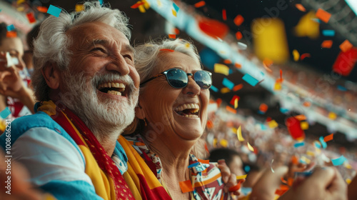 portrait of a happy Caucasian senior couple in a football stadium crowded with fans dressed in the colors of their favorite team