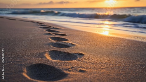 A serene beach scene featuring footprints in the sand at sunset, capturing the essence of tranquility and nature's beauty.