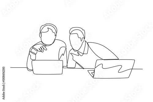 One single line drawing group of people discussing about project in front of laptop. Trendy teamwork concept continuous line draw design vector illustration