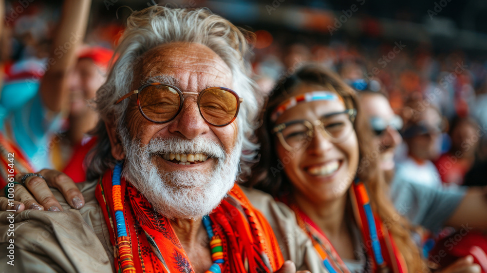 portrait of a happy Caucasian senior couple in a football stadium crowded with fans dressed in the colors of their favorite team portrait of a happy Caucasian senior couple in a football stadium crowded with fans dressed in the colors of their favorite team