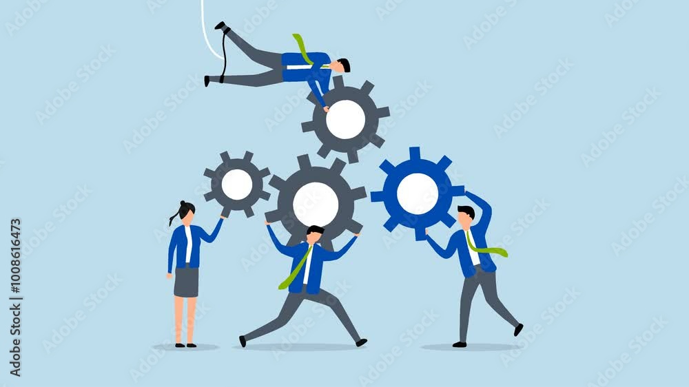 cooperate for team success, 4k animation of Male and female entrepreneurs collaborate to assist in linking gears or cogs. cooperate for team success, 4k animation of Male and female entrepreneurs collaborate to assist in linking gears or cogs.