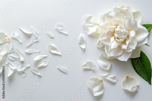 White Camellia Flower with Green Leaves on White Minimalist Background